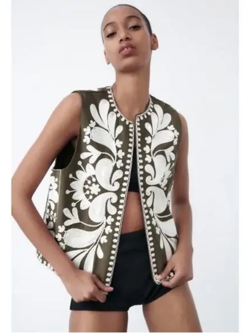 NWOT Zara Olive Green Sleeveless Vest with White Floral Embroidery